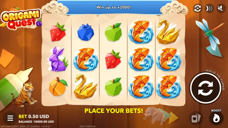 Origami Quest - skrin permainan dengan panel pertaruhan dan butang Boost